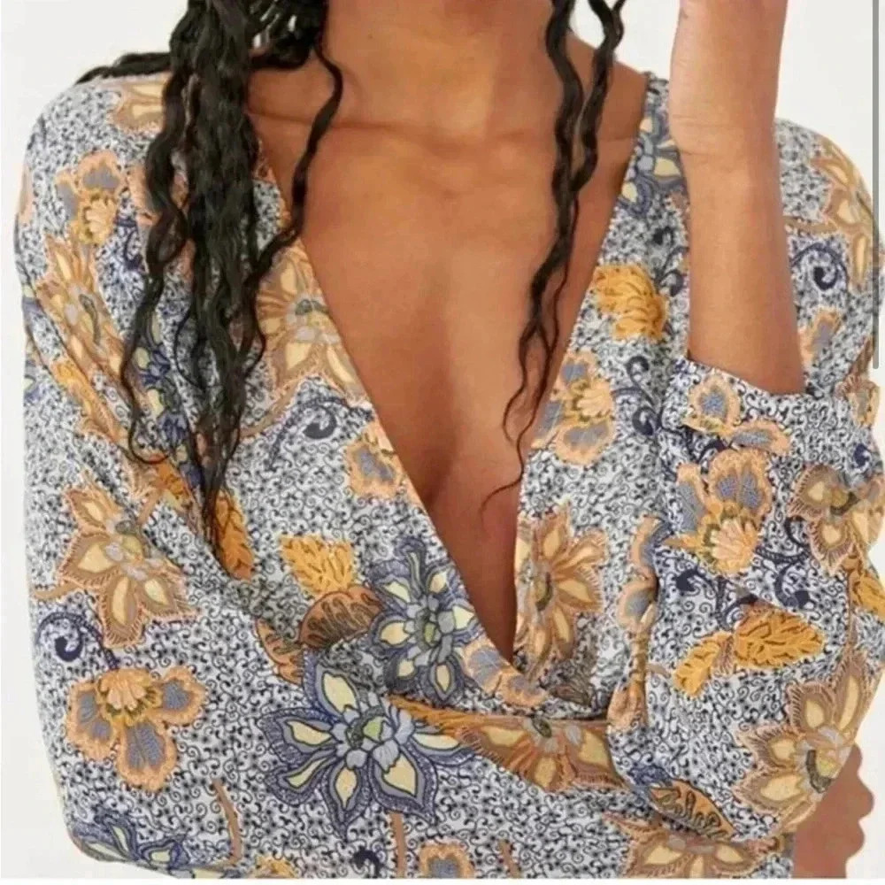 Free People Gray and Mustard Floral Wrap Mini Dress - Picture 2 of 15